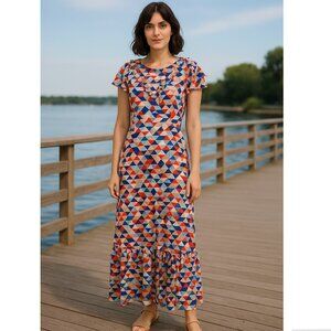 Traffic People Geometric Print Maxi Dress with Flutter Sleeves – Size S